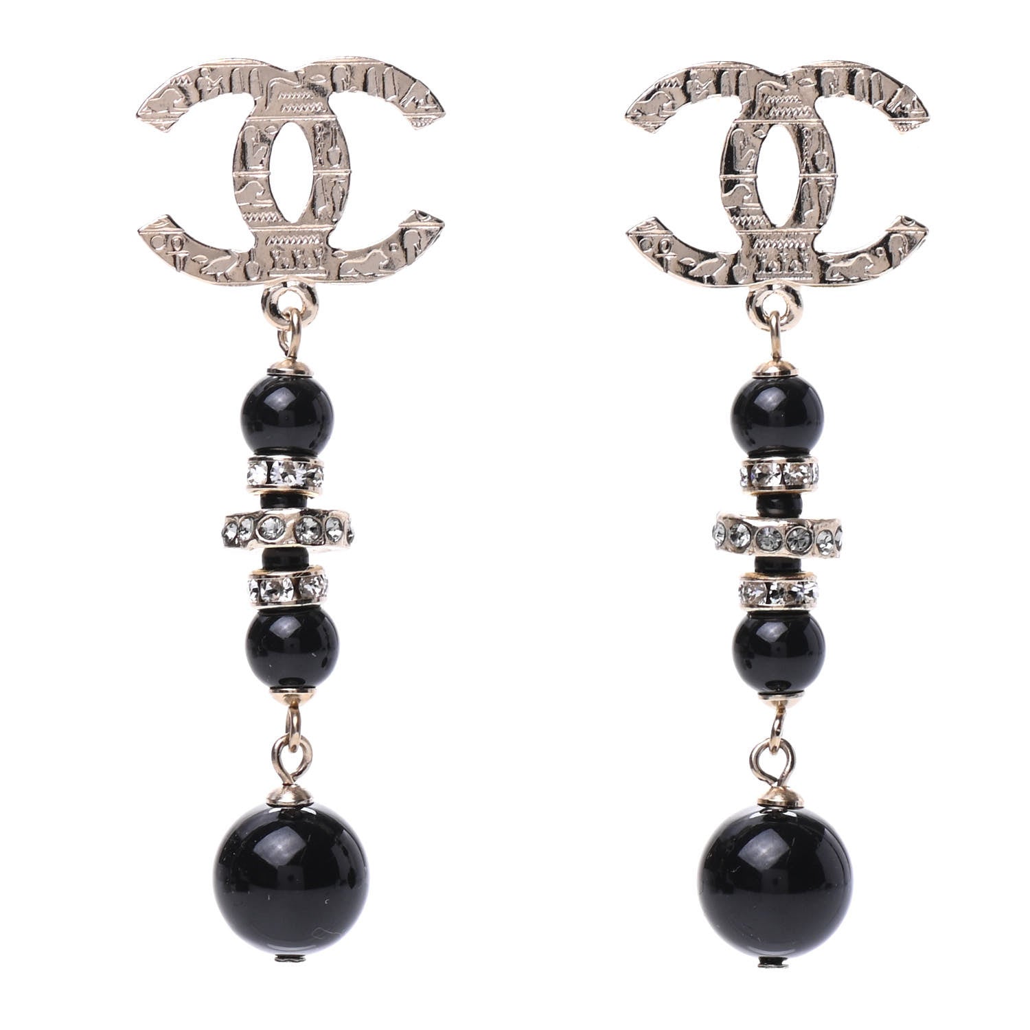 Chanel Crystal Bead Scarab CC Drop Earrings Gold Black 1 of 5