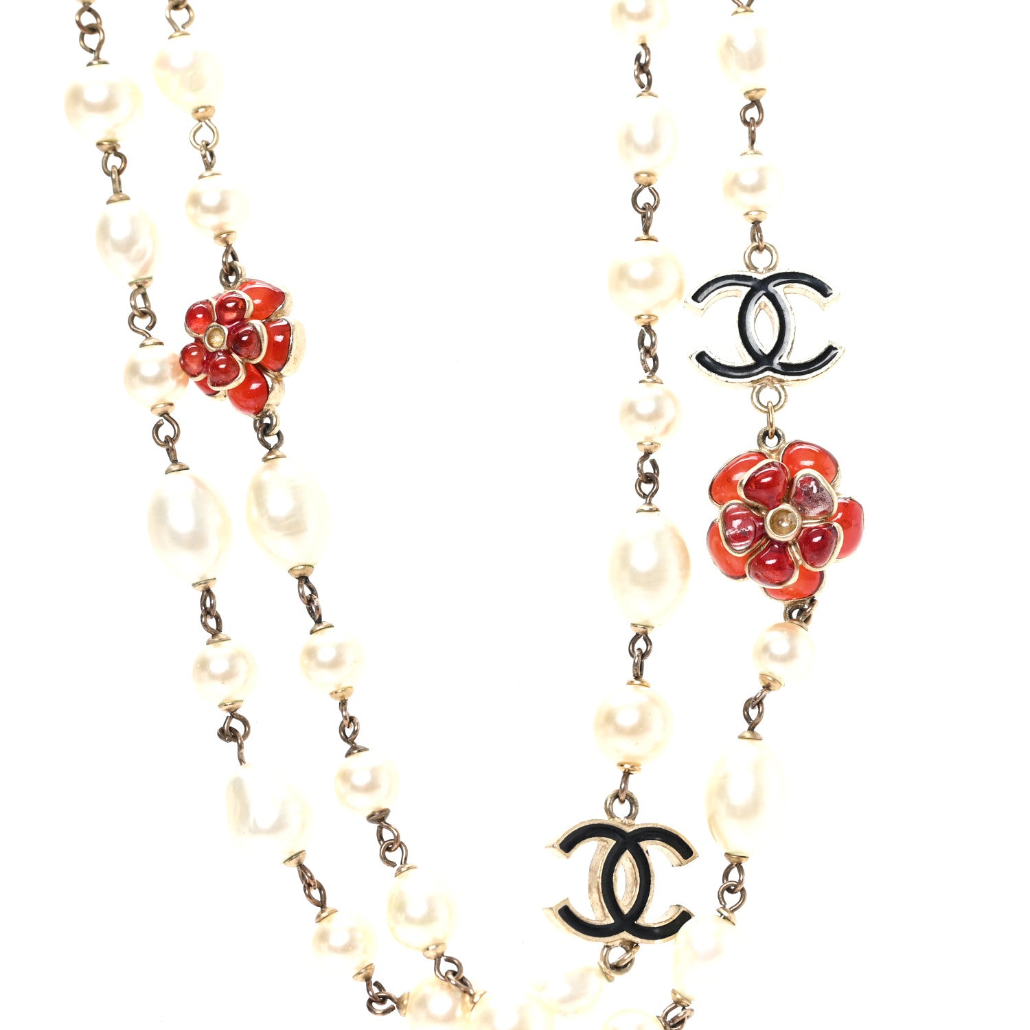 Chanel Pearl Enamel CC Camellia Long Necklace Black Red Gold 5 of 6