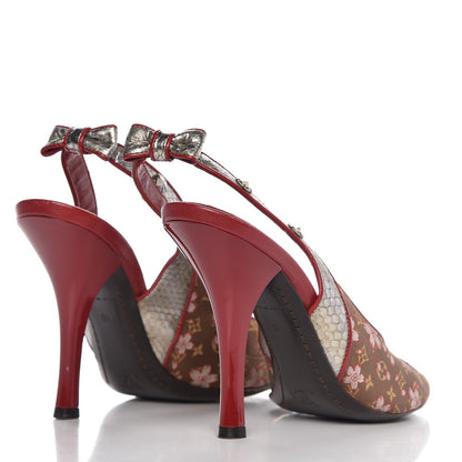 Louis Vuitton Satin Monogram Cherry Blossom Slingback Pumps 40 Red 4 of 14
