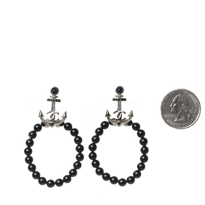 Chanel Ruthenium Bead Anchor Drop CC Oval Earrings Black Blue 2 of 5