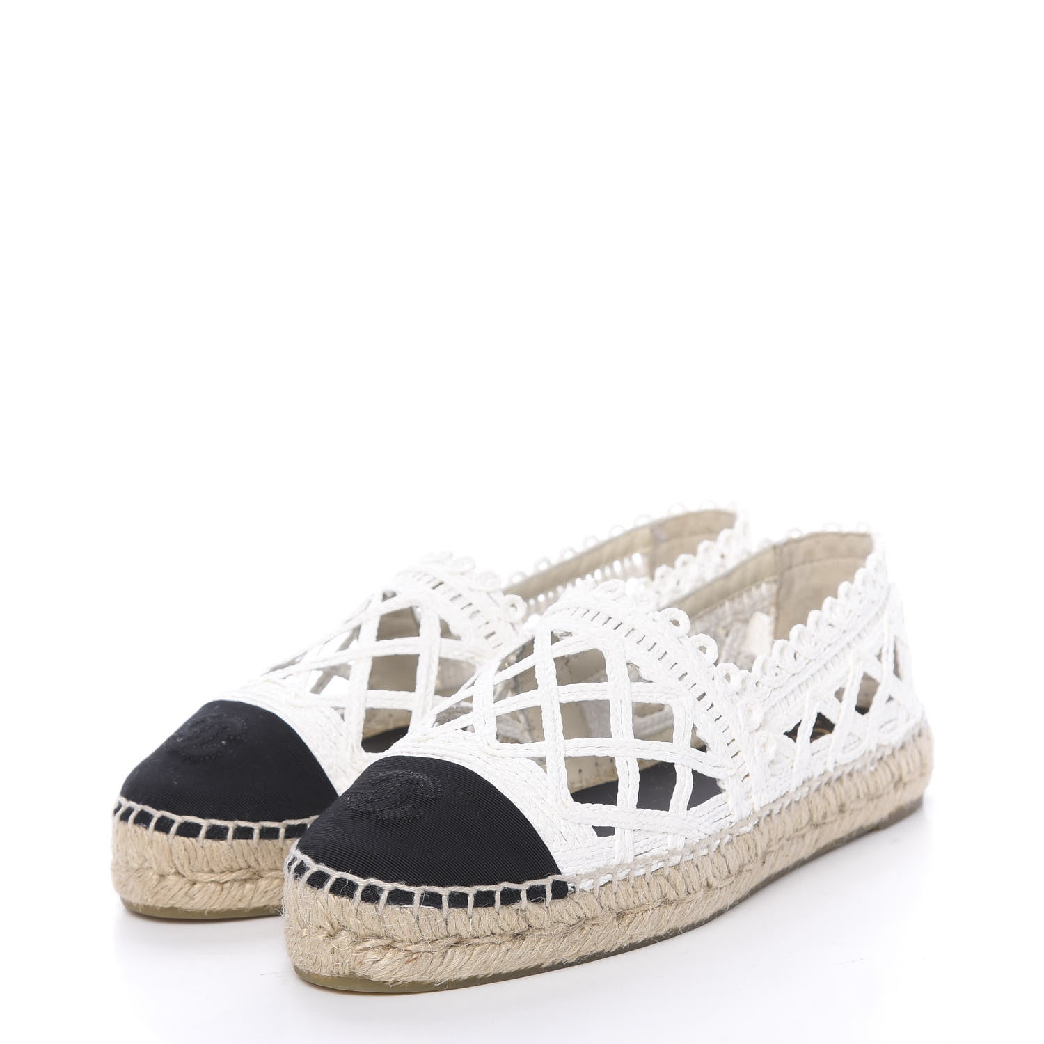 Chanel Woven Fabric Grosgrain CC Espadrilles 38 White Black 3 of 11
