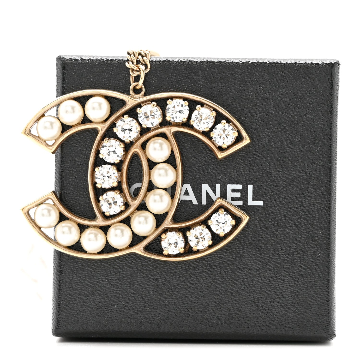 Chanel Pearl Crystal CC Pendant Necklace Gold 6 of 6