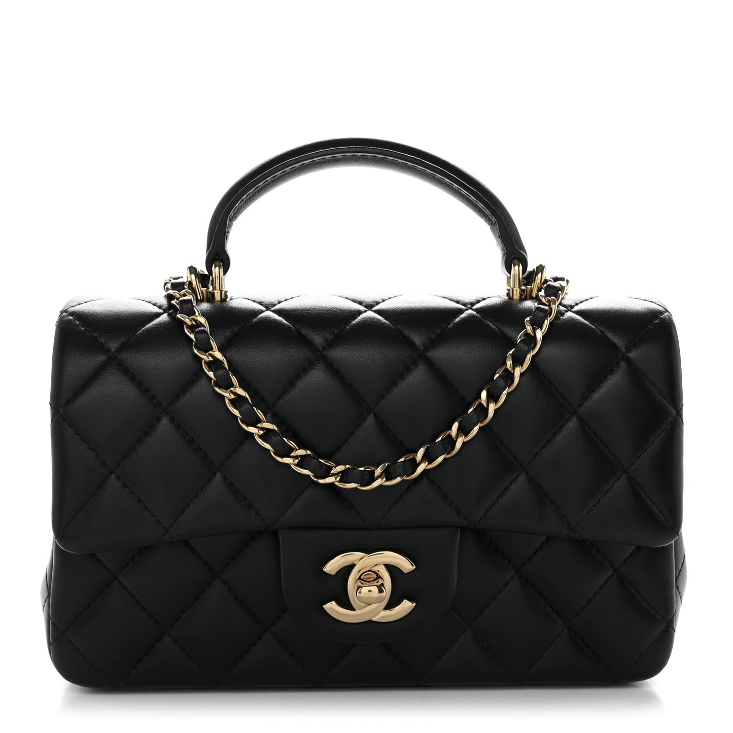 Lambskin Quilted Mini Top Handle Rectangular Flap Black