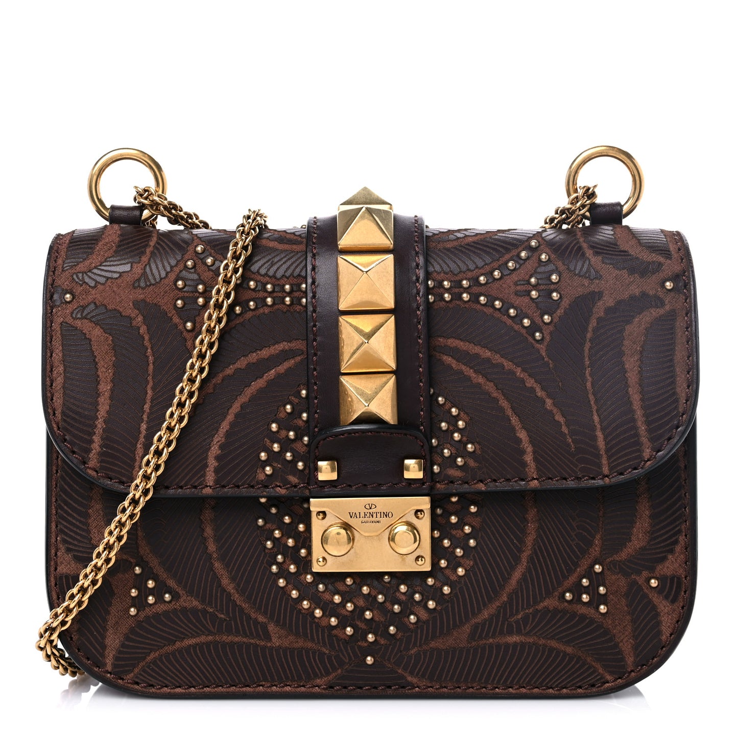 Calfskin Embossed Studded Small Glam Lock Rockstud Flap Cacao