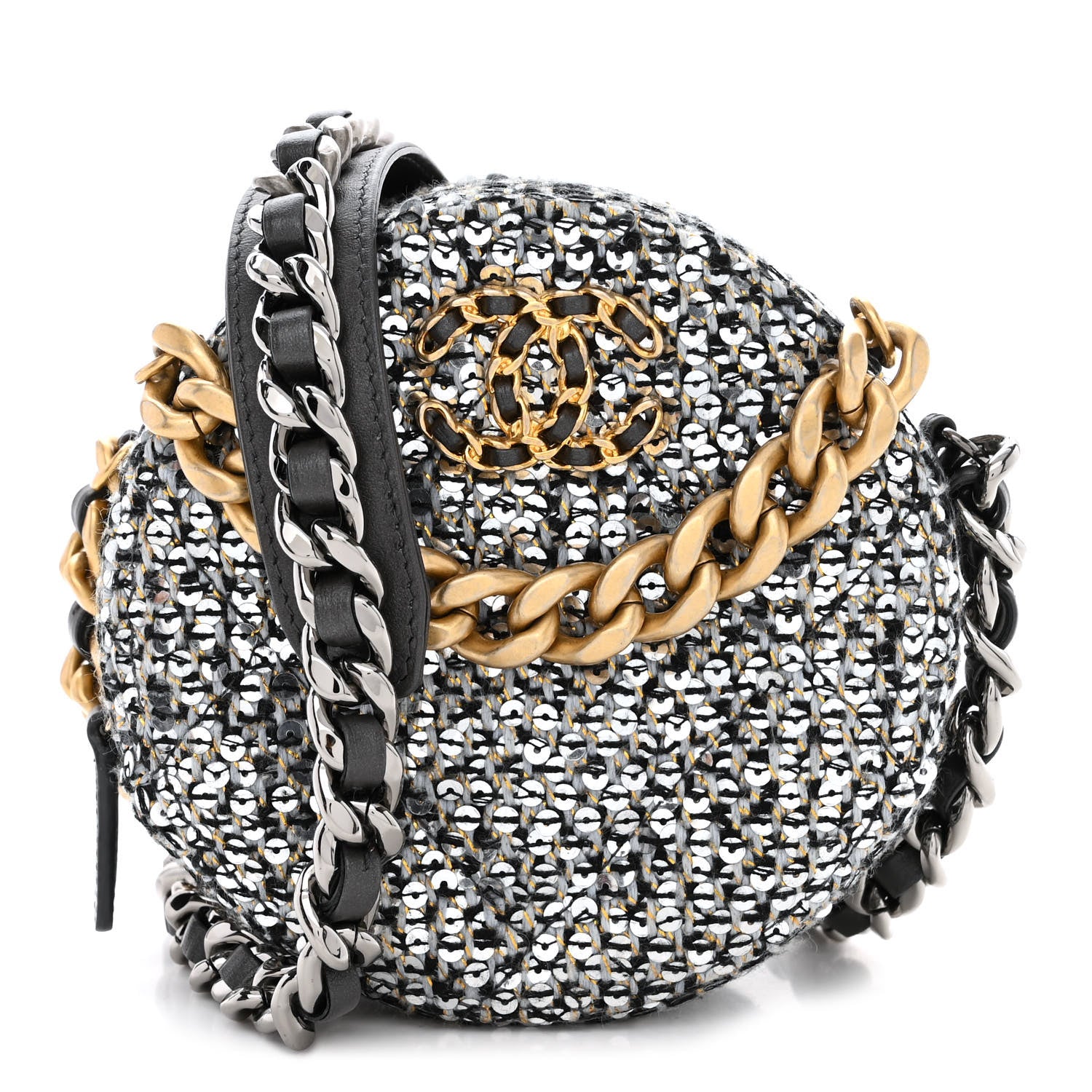 Chanel Sequin Chanel 19 Round Clutch With Chain Silver Black 1 of 10
