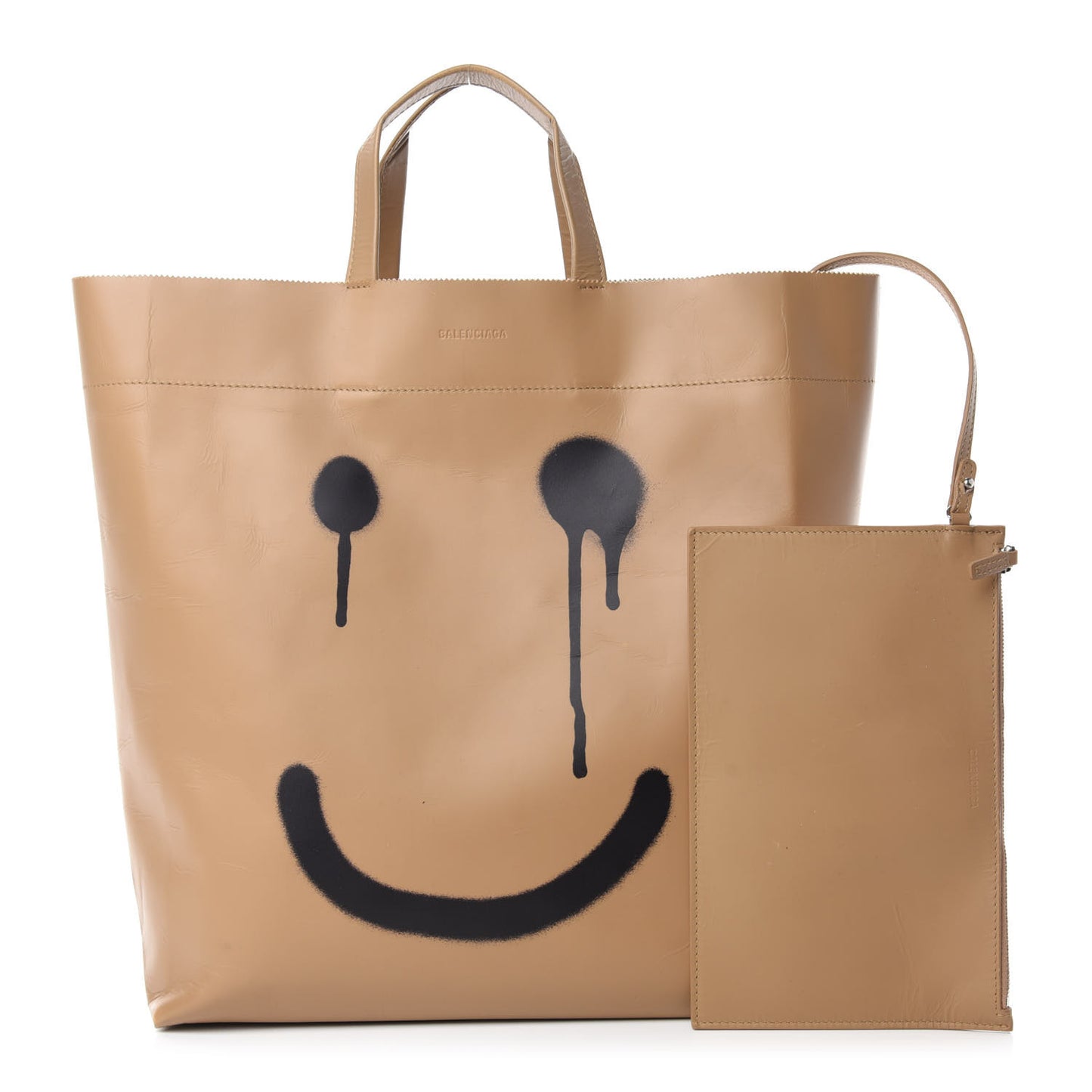 Calfskin Printed Happy Sad Medium Market Shopper Tote Light Brown