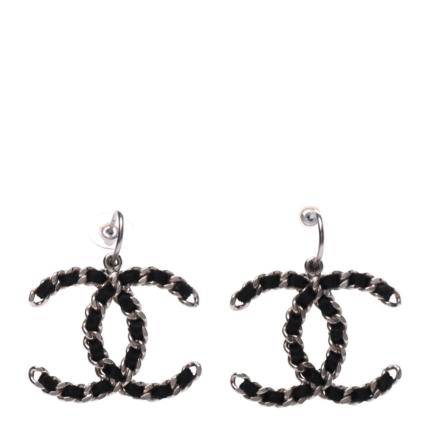 Satin CC Chain Earrings Silver Black