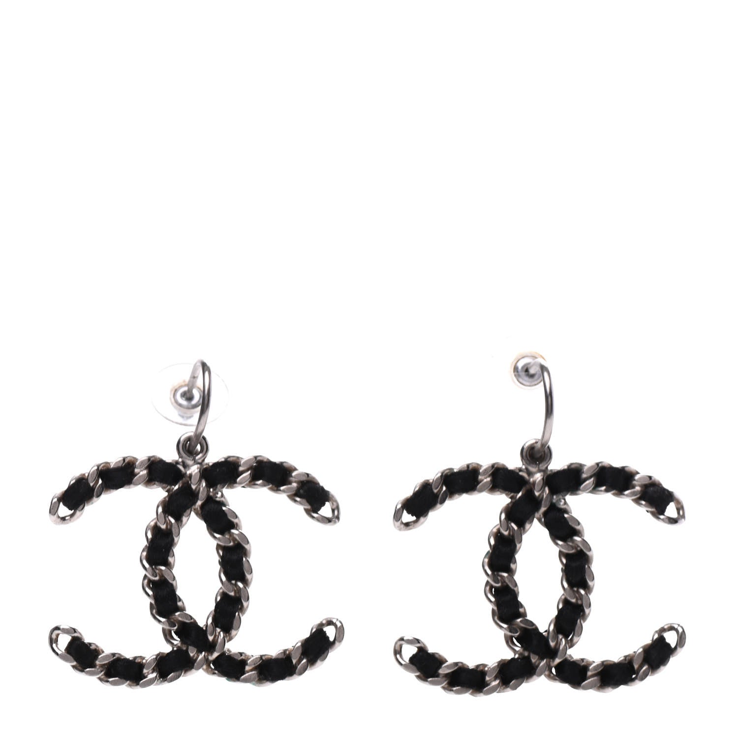 Chanel Satin CC Chain Earrings Silver Black 1 of 5