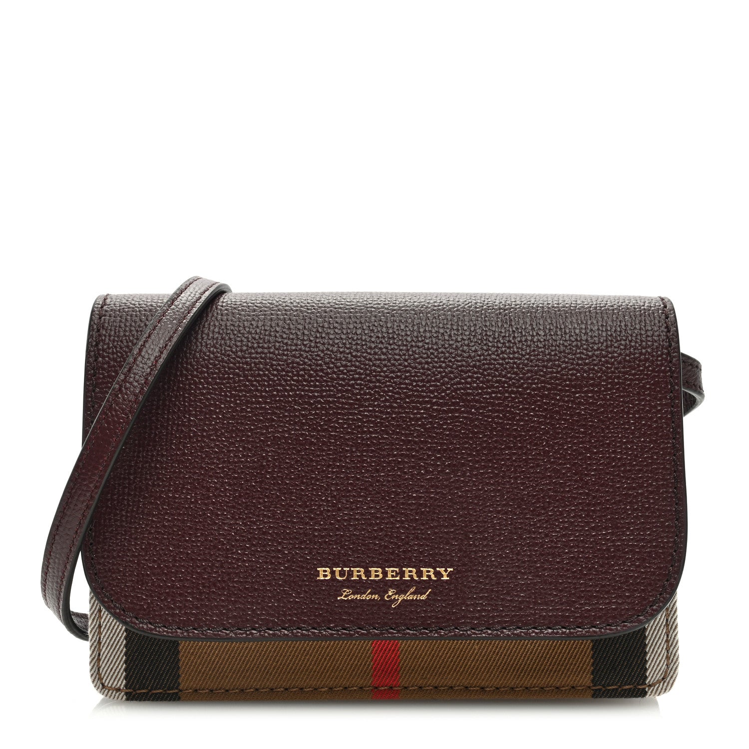 Burberry Grained Calfskin House Check Tartan Mix Hampshire Wallet On Chain Burgundy 1 of 8
