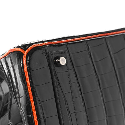 Hermes Shiny Porosus Crocodile Birkin 40 Black Orange 8 of 43