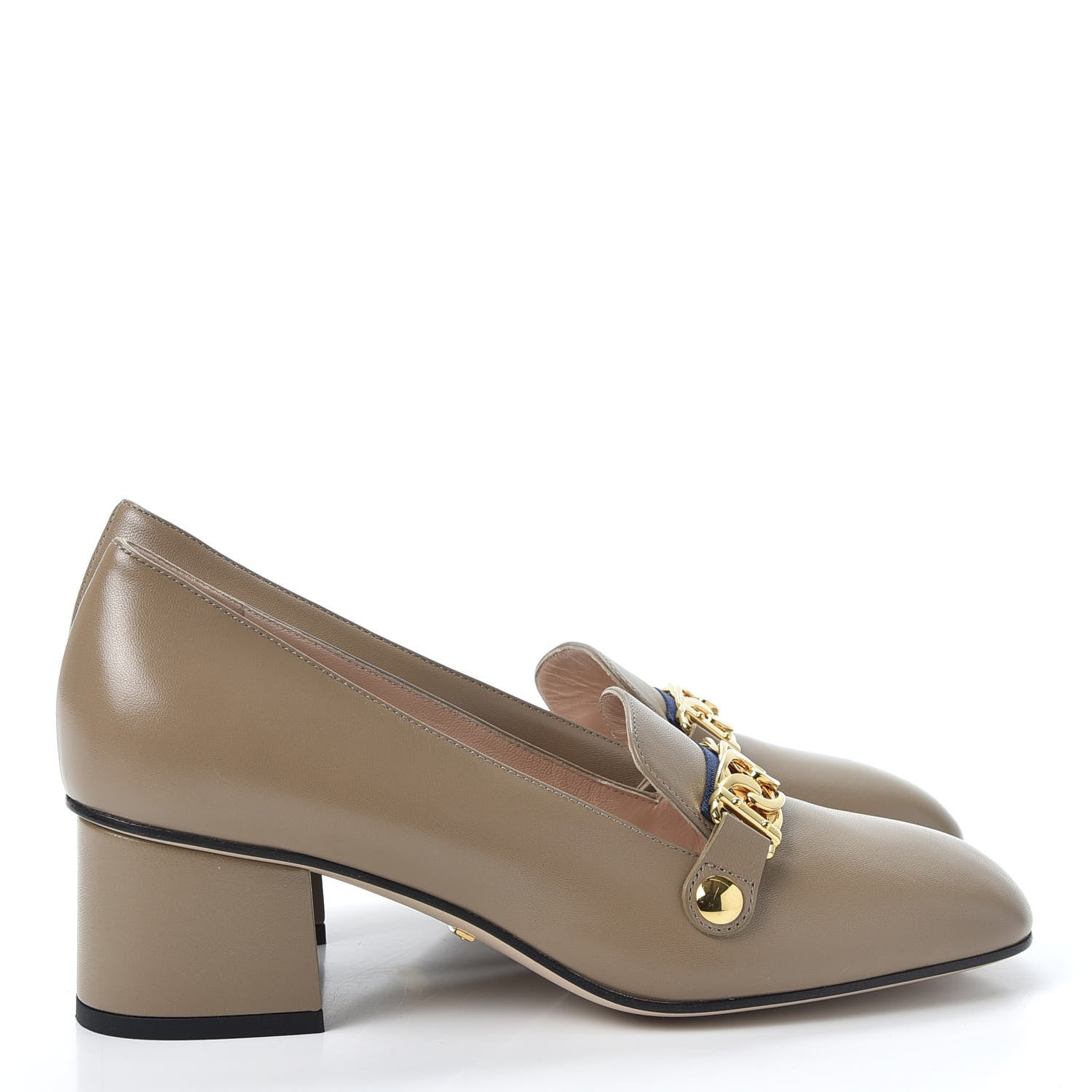 Gucci Malaga Kid Sylvie Web Chain Mid Heel Loafers 37.5 Mud 4 of 10