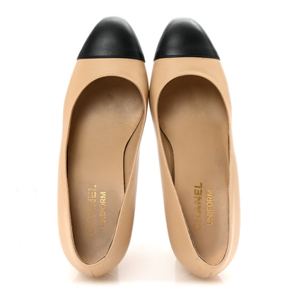 Chanel Lambskin Cap Toe CC Uniform Pumps 38 Beige Black 2 of 9