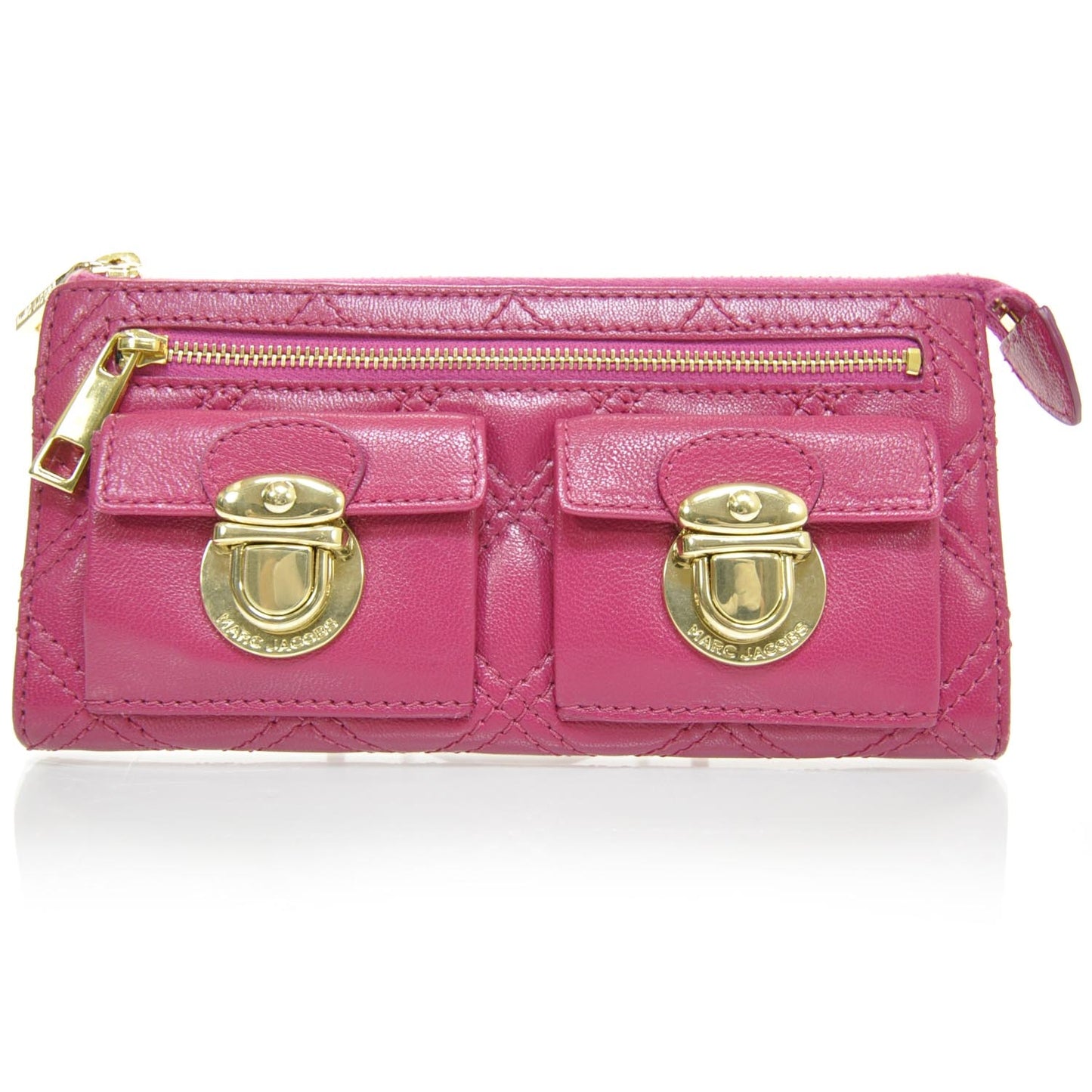Leather Quilted Zip Clutch Wallet Fuchsia