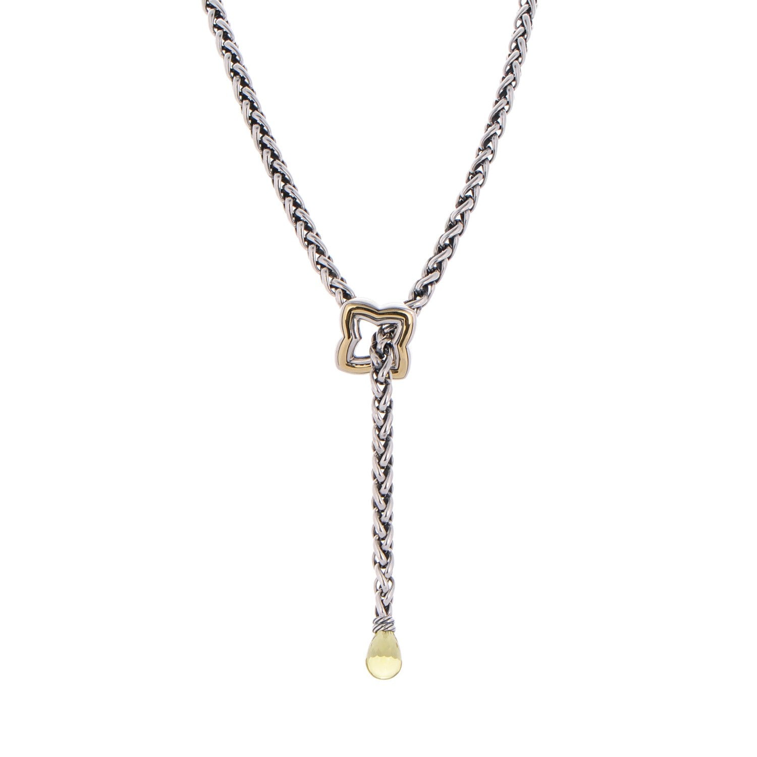 David Yurman Sterling Silver 18K Gold Citrine Quatrefoil Lariat Wheat Chain Necklace 1 of 4