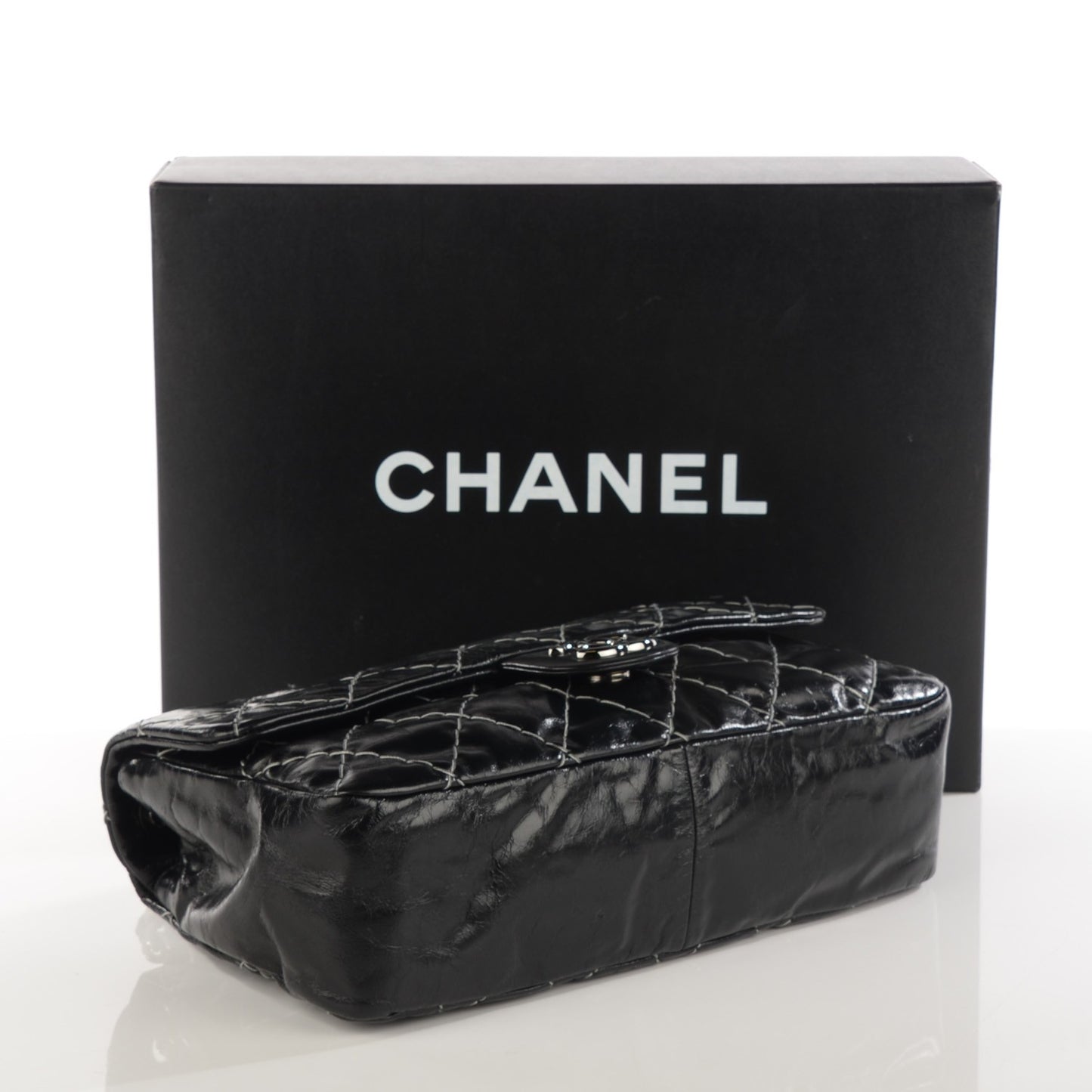 Glazed Goatskin Double Stitch Flap Black