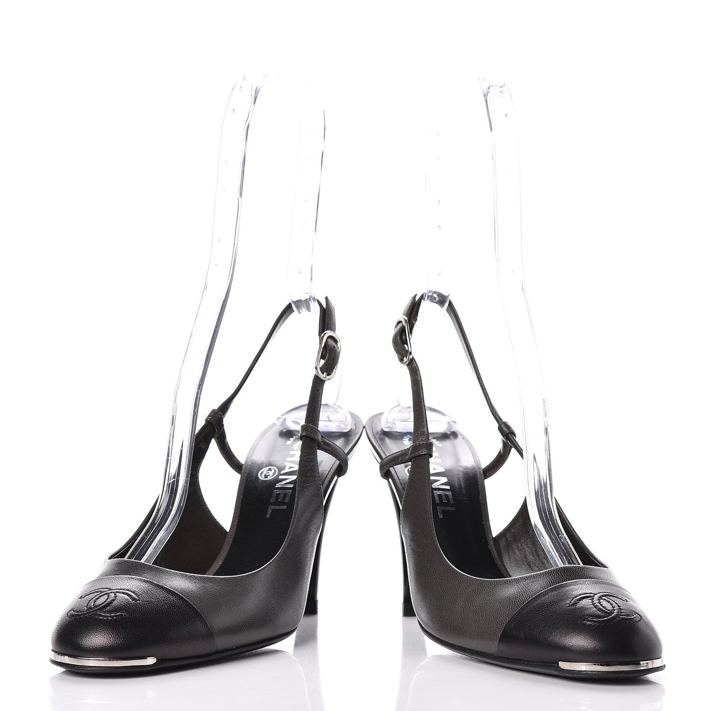 Lambskin Cap Toe CC Slingback Heels 38.5 Grey Black
