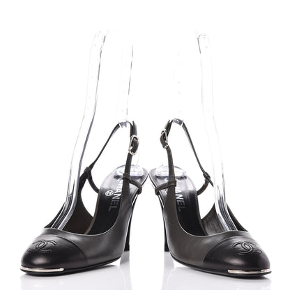 Chanel Lambskin Cap Toe CC Slingback Heels 38.5 Grey Black 6 of 13