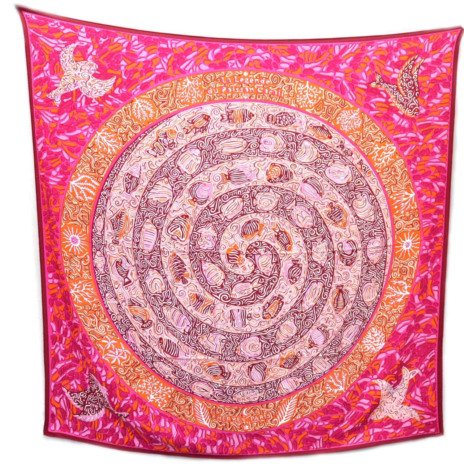 Hermes Cashmere Silk La Legende Du Poisson Corail Shawl 140 1 of 9