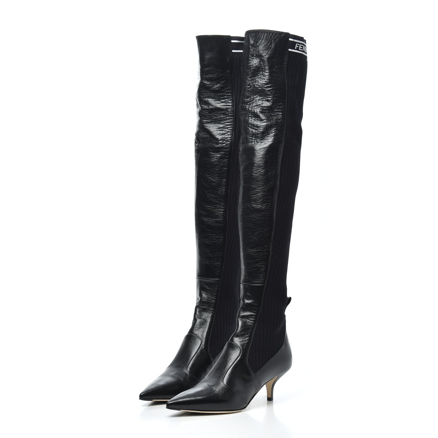 Fendi Vitello Lucido Stretch Fabric Logo Rockoko Thigh High Sock Boots 37 Black White 3 of 10