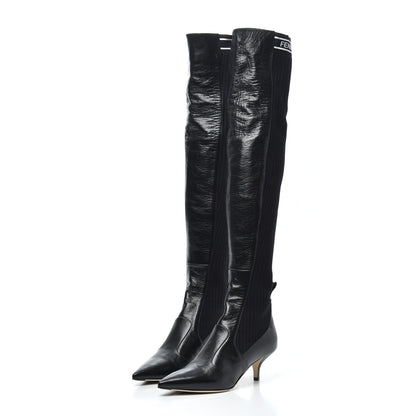 Fendi Vitello Lucido Stretch Fabric Logo Rockoko Thigh High Sock Boots 37 Black White 3 of 10