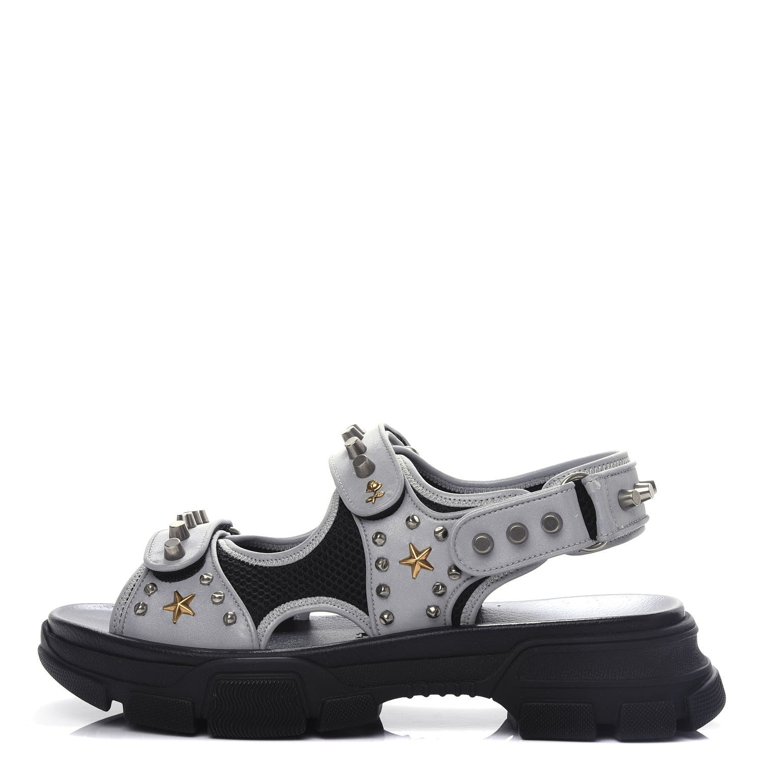 Gucci Technical Canvas Calfskin Reflective Studded Mens Aguru Sandals 11 Silver Black 1 of 9