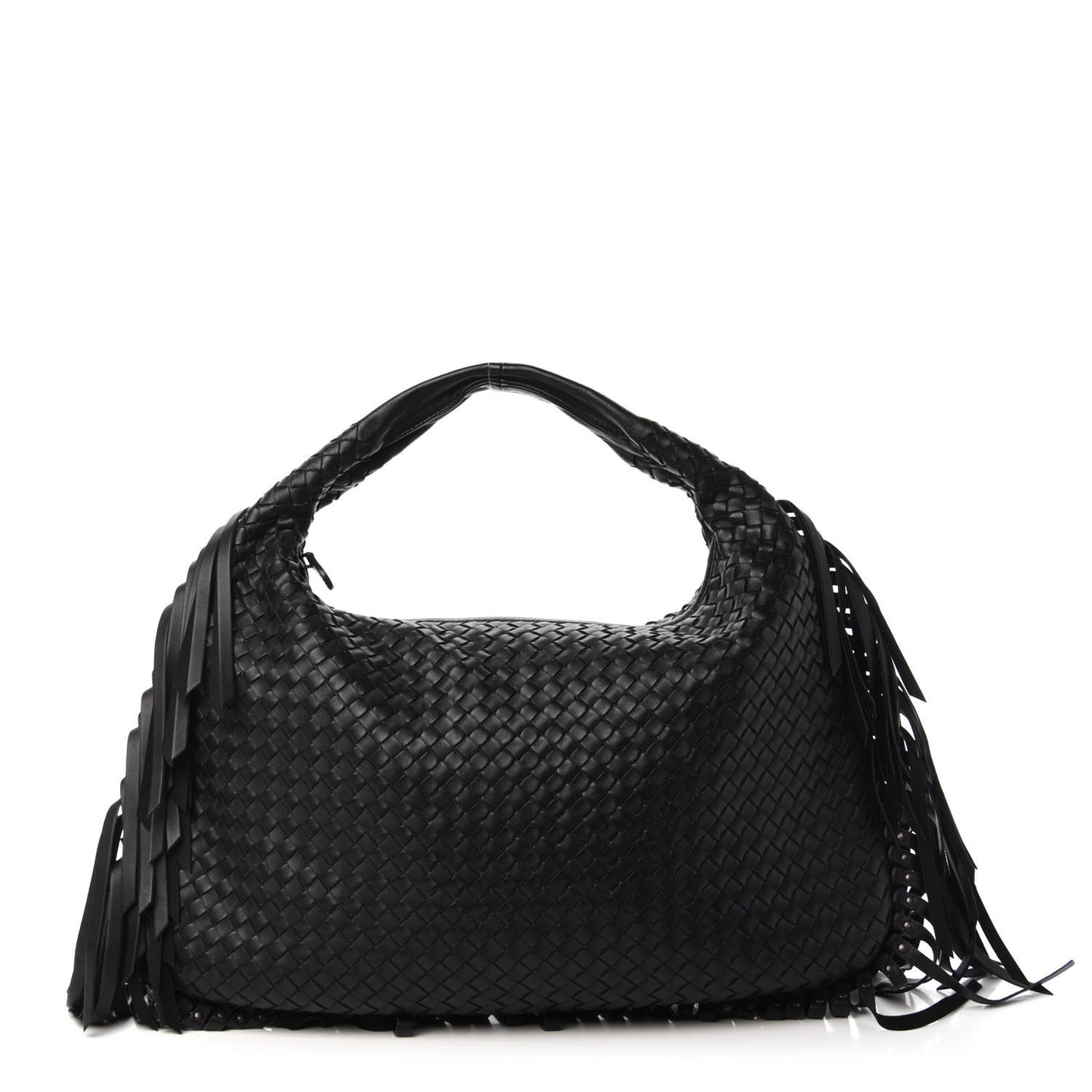 Nappa Intrecciato Veneta Large Fringed Hobo Black