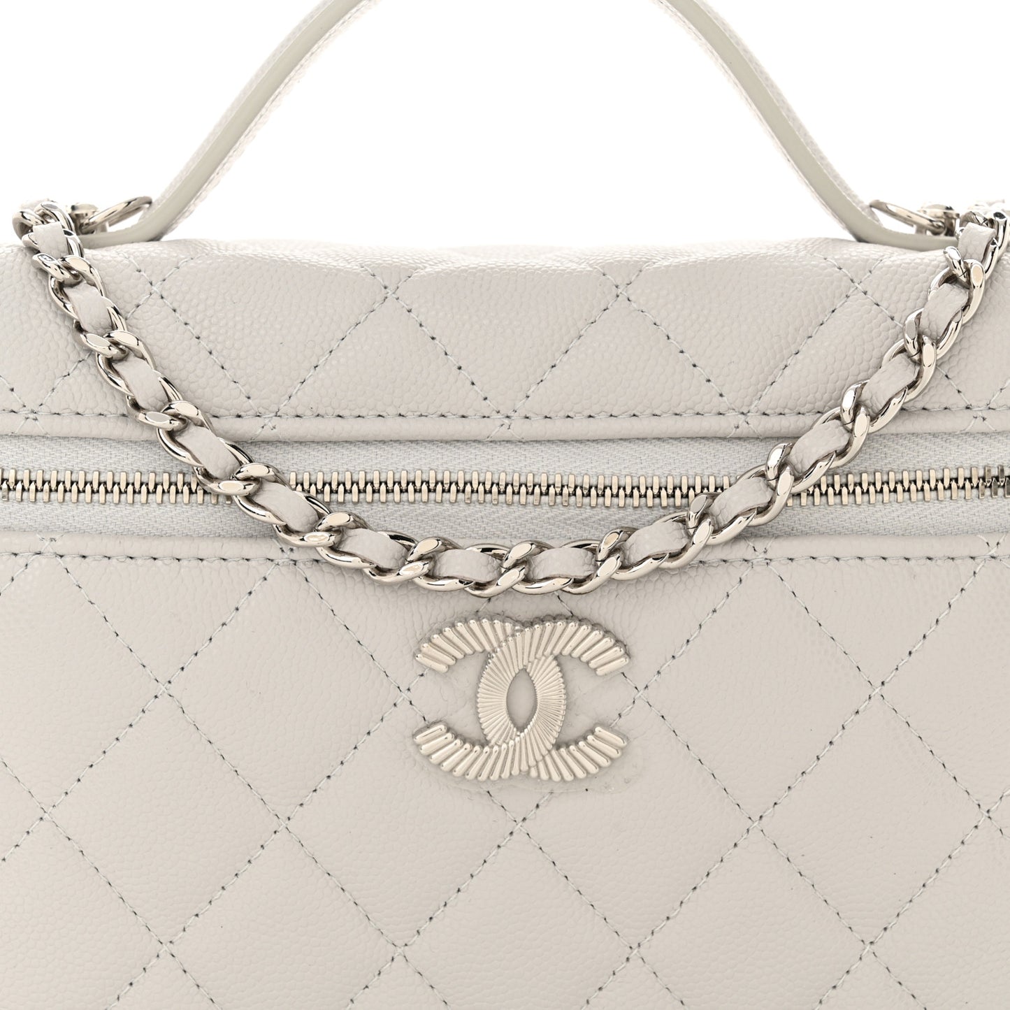 Caviar Quilted Ridged CC Top Handle Slim Vanity Case With Chain Light Grey