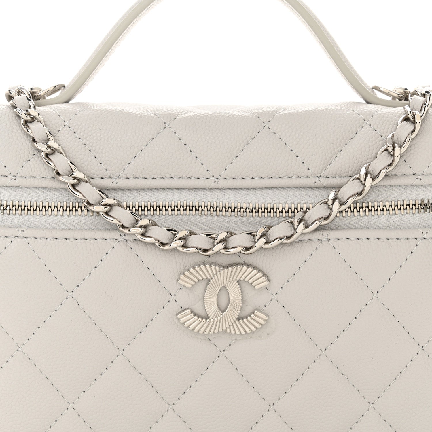 Chanel Caviar Quilted Ridged CC Top Handle Slim Vanity Case With Chain Light Grey 8 of 11
