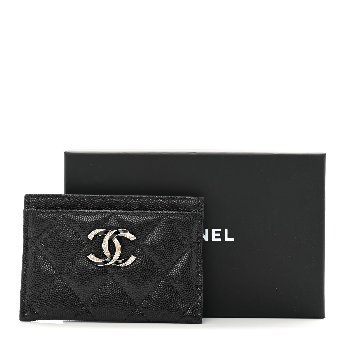 Caviar Quilted Crystal Enamel CC Card Holder Black