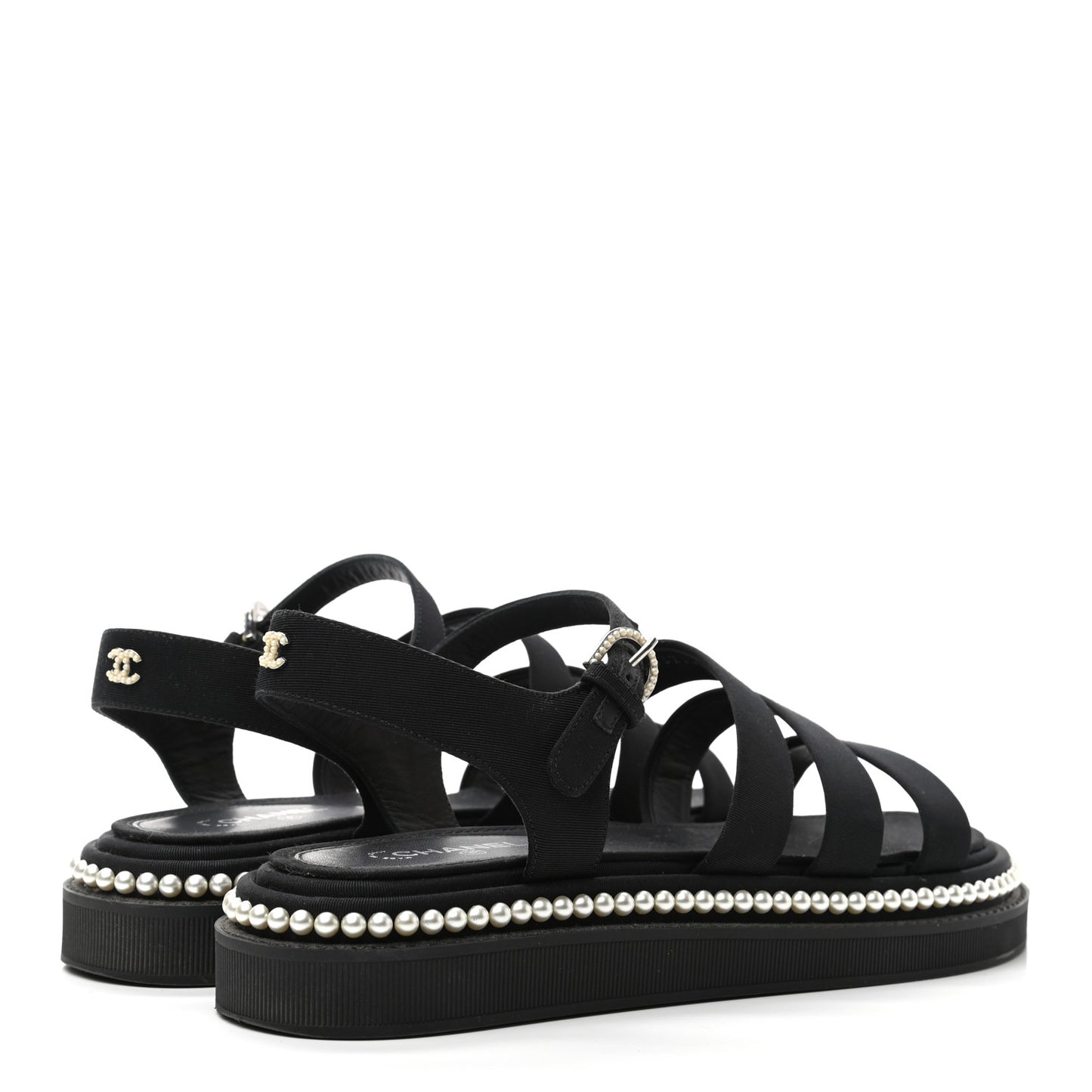 Grosgrain Pearl Flat Sandals 38.5 Black