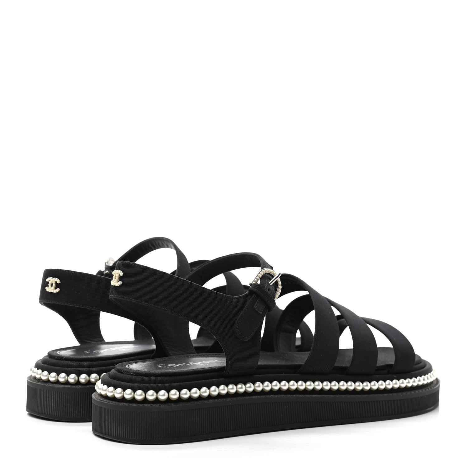 Chanel Grosgrain Pearl Flat Sandals 38.5 Black 4 of 11