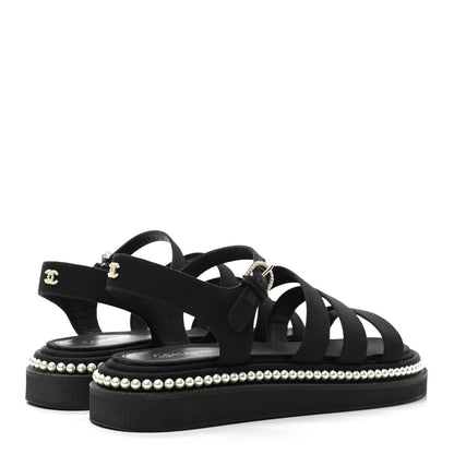 Chanel Grosgrain Pearl Flat Sandals 38.5 Black 4 of 11