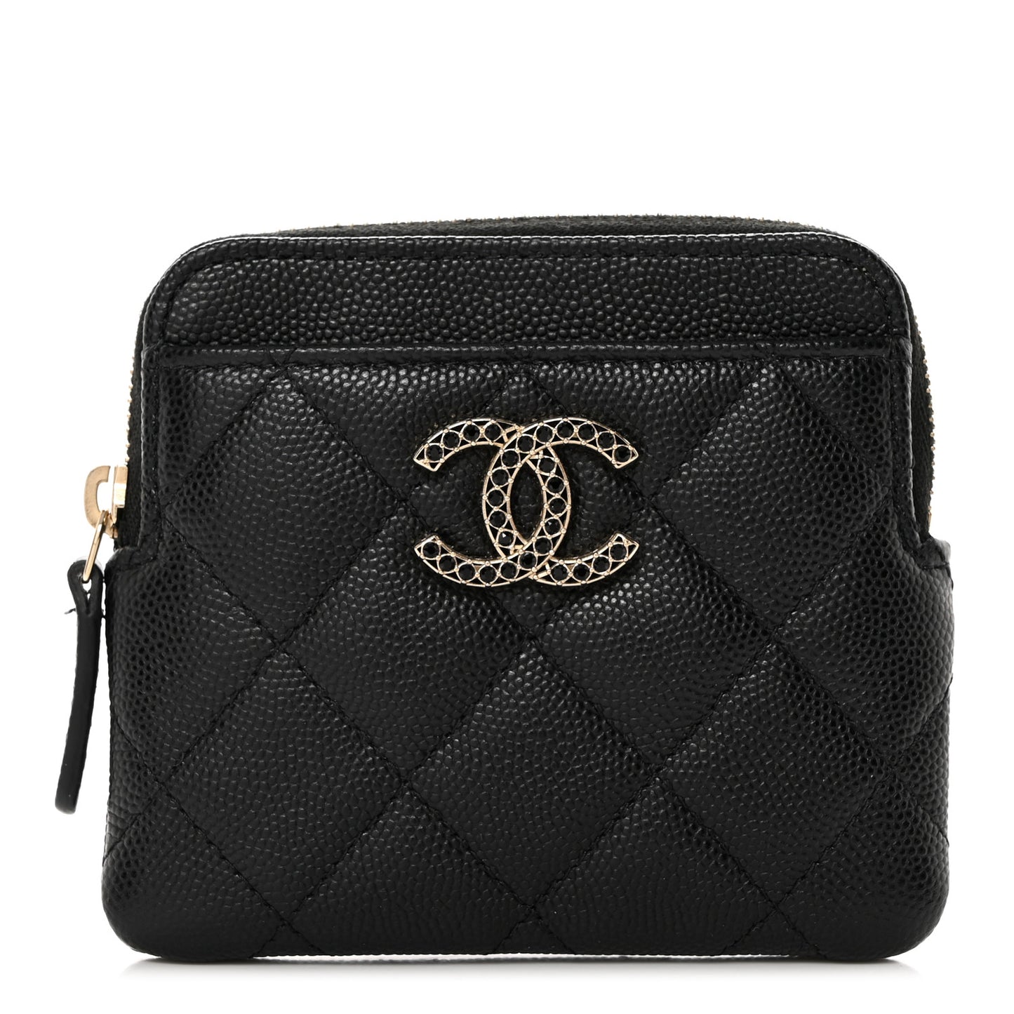 Caviar Quilted Crystal Zip Card Holder Wallet Black