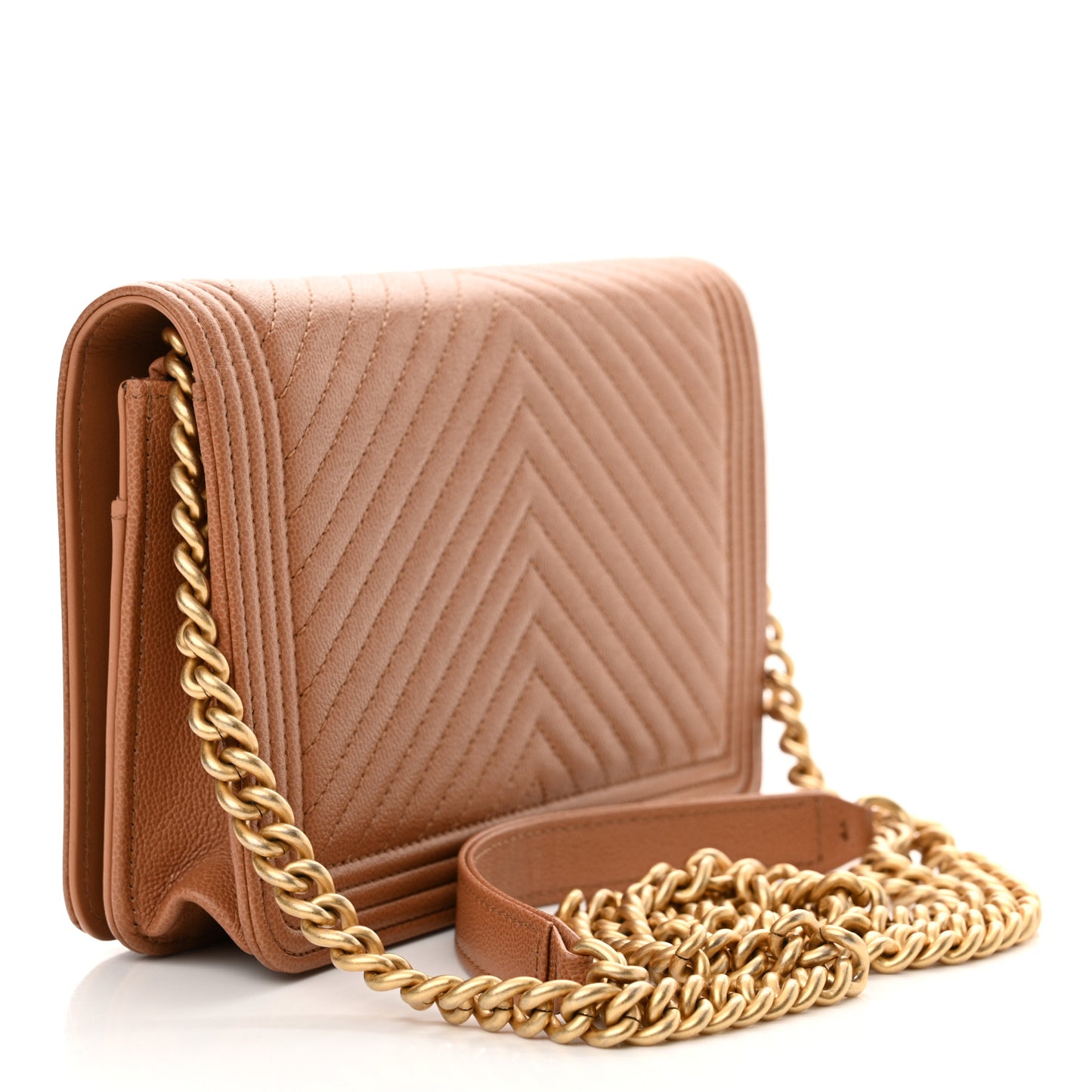 Caviar Chevron Quilted Boy Wallet On Chain WOC Dark Beige