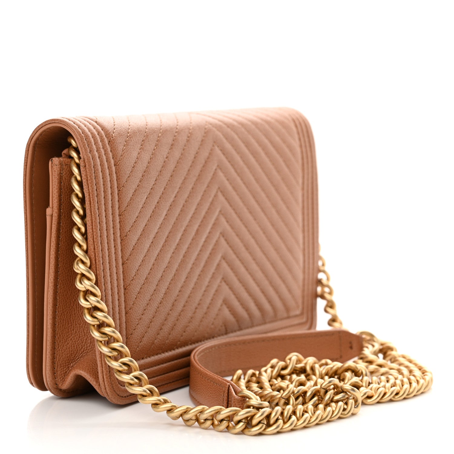 Chanel Caviar Chevron Quilted Boy Wallet On Chain WOC Dark Beige 3 of 12