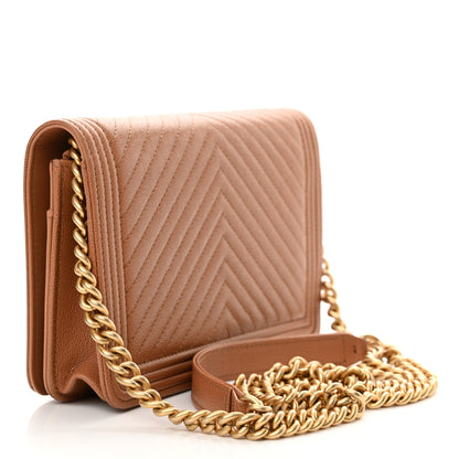 Chanel Caviar Chevron Quilted Boy Wallet On Chain WOC Dark Beige 3 of 12