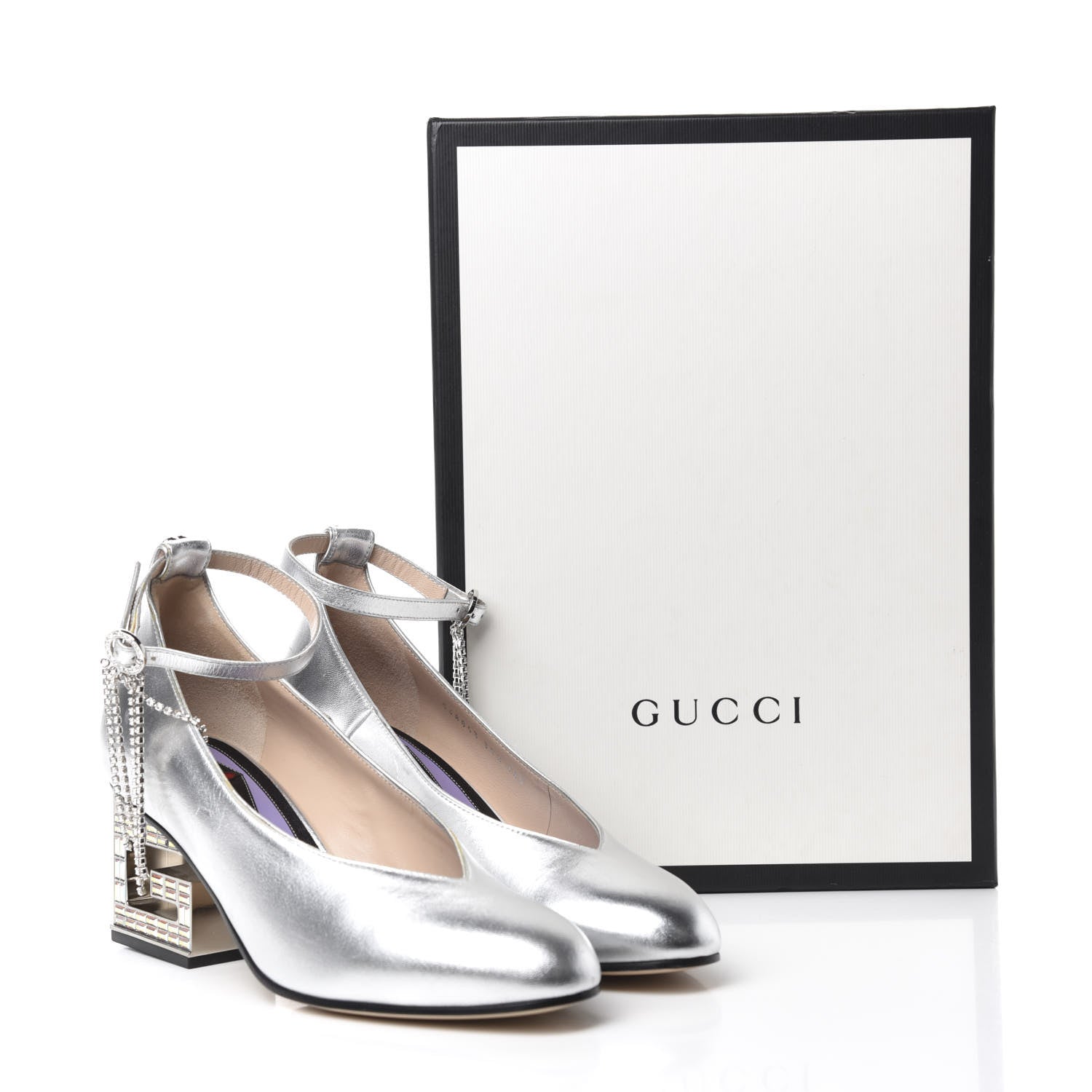 Gucci Metallic Nappa Crystal Square G Mid Heel Pumps 37.5 Silver 10 of 10
