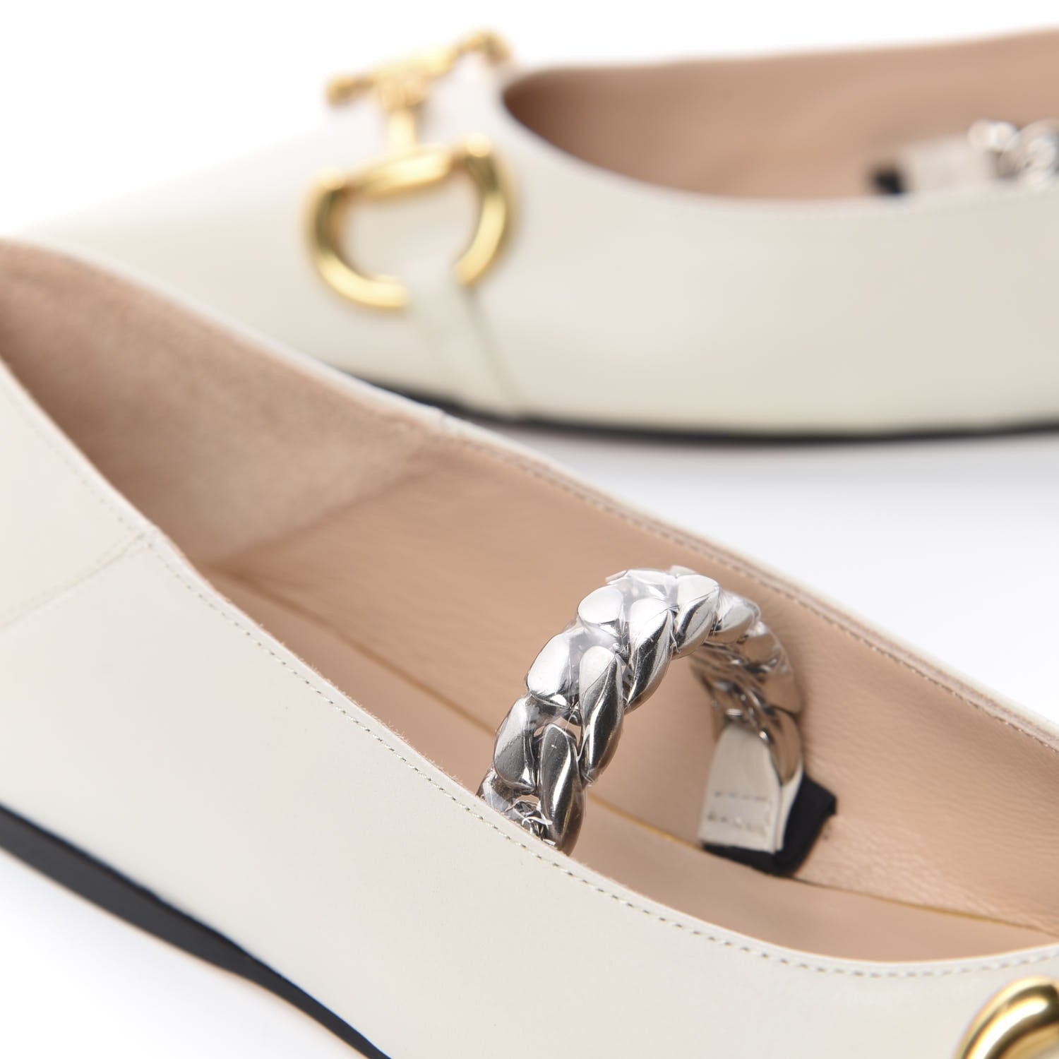 Gucci Nappa Lumiere Deva Horsebit Chain Embellished Flats 36 Dusty White 4 of 14