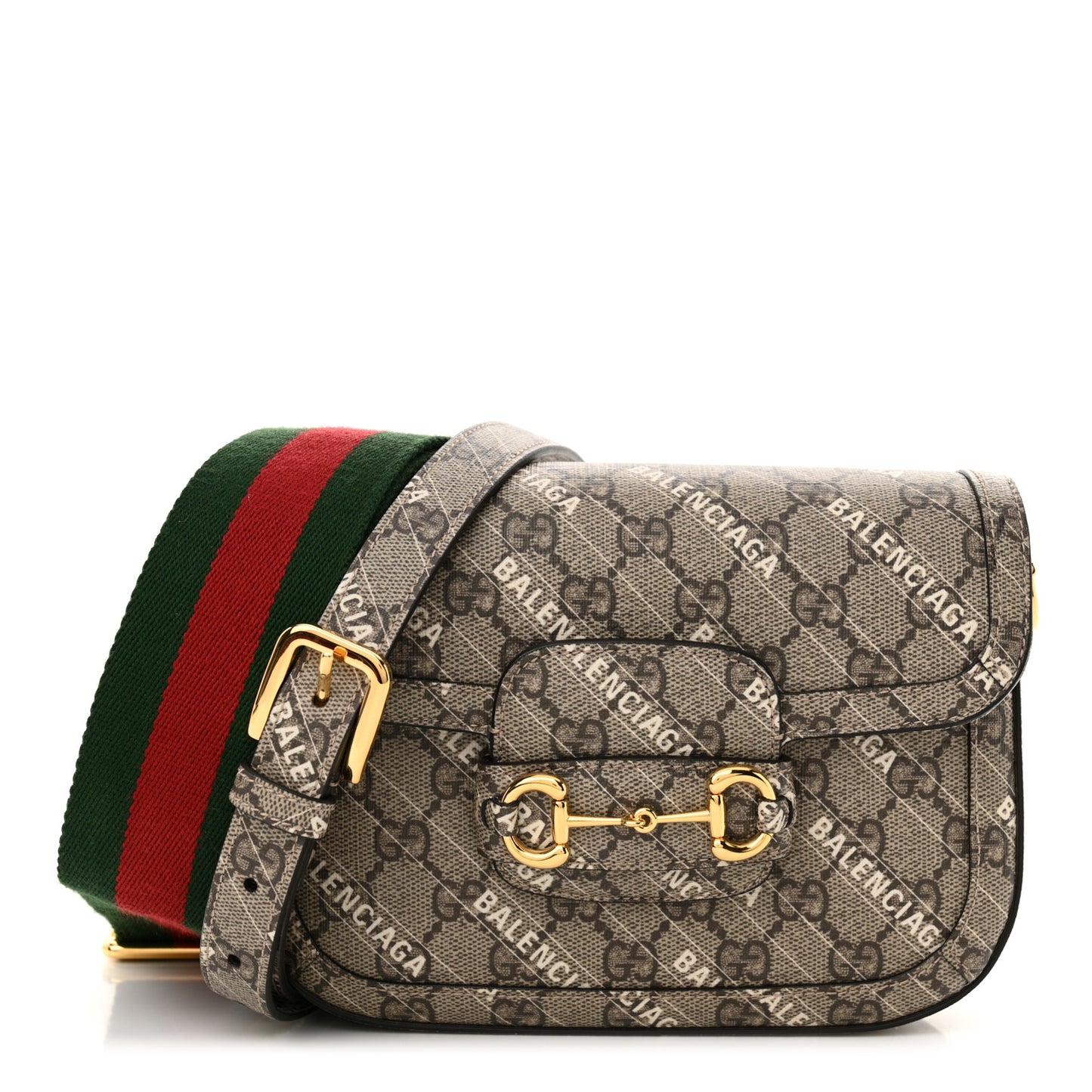 X BALENCIAGA GG Supreme Monogram Web Logo Print Mini Horsebit 1955 Shoulder Bag Beige Ebony