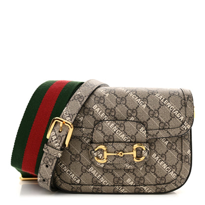 Gucci X BALENCIAGA GG Supreme Monogram Web Logo Print Mini Horsebit 1955 Shoulder Bag Beige Ebony 1 of 11