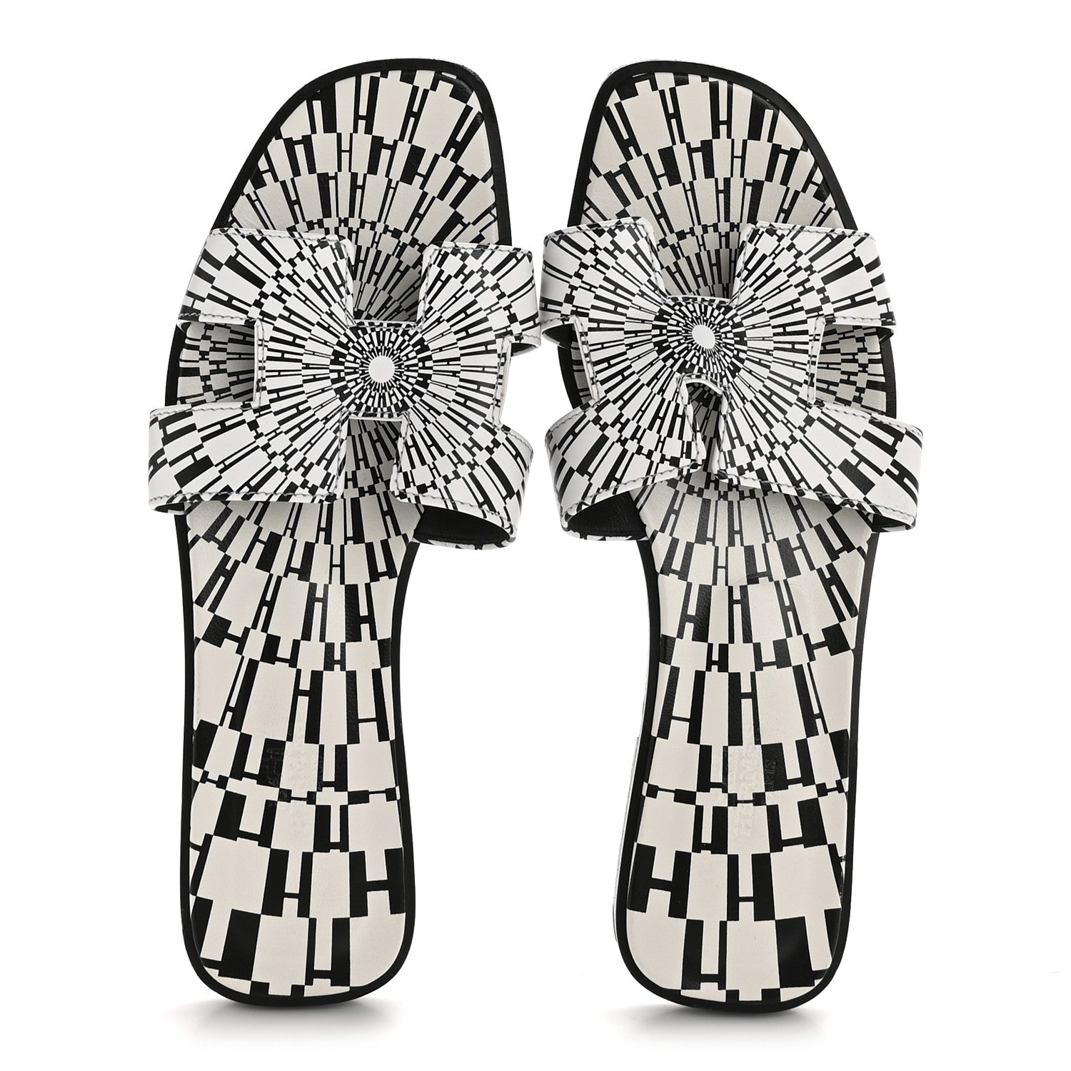 Hermes Calfskin Printed Op'H Oran Sandals 39 Black White 2 of 11