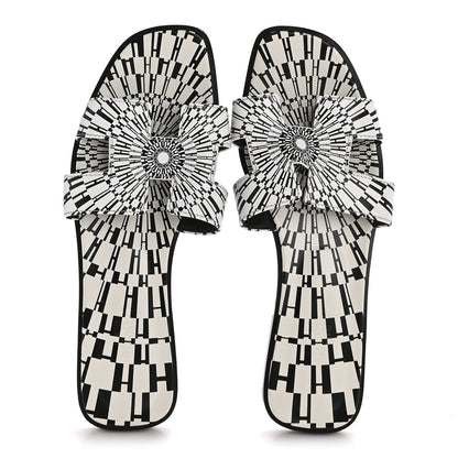 Hermes Calfskin Printed Op'H Oran Sandals 39 Black White 2 of 11