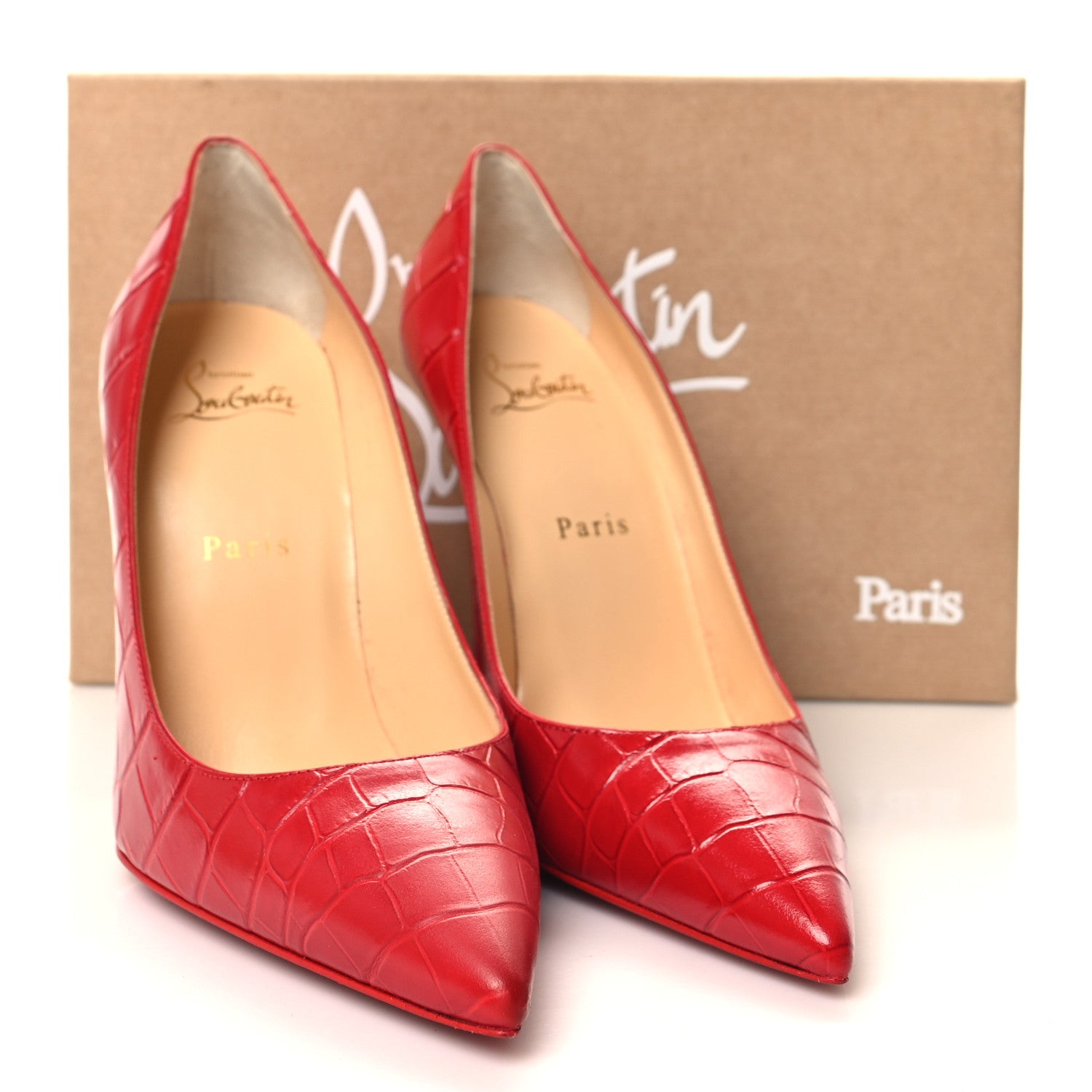 Christian Louboutin Calfskin Crocodile Embossed Kate 100 Pumps 38 Red 9 of 9