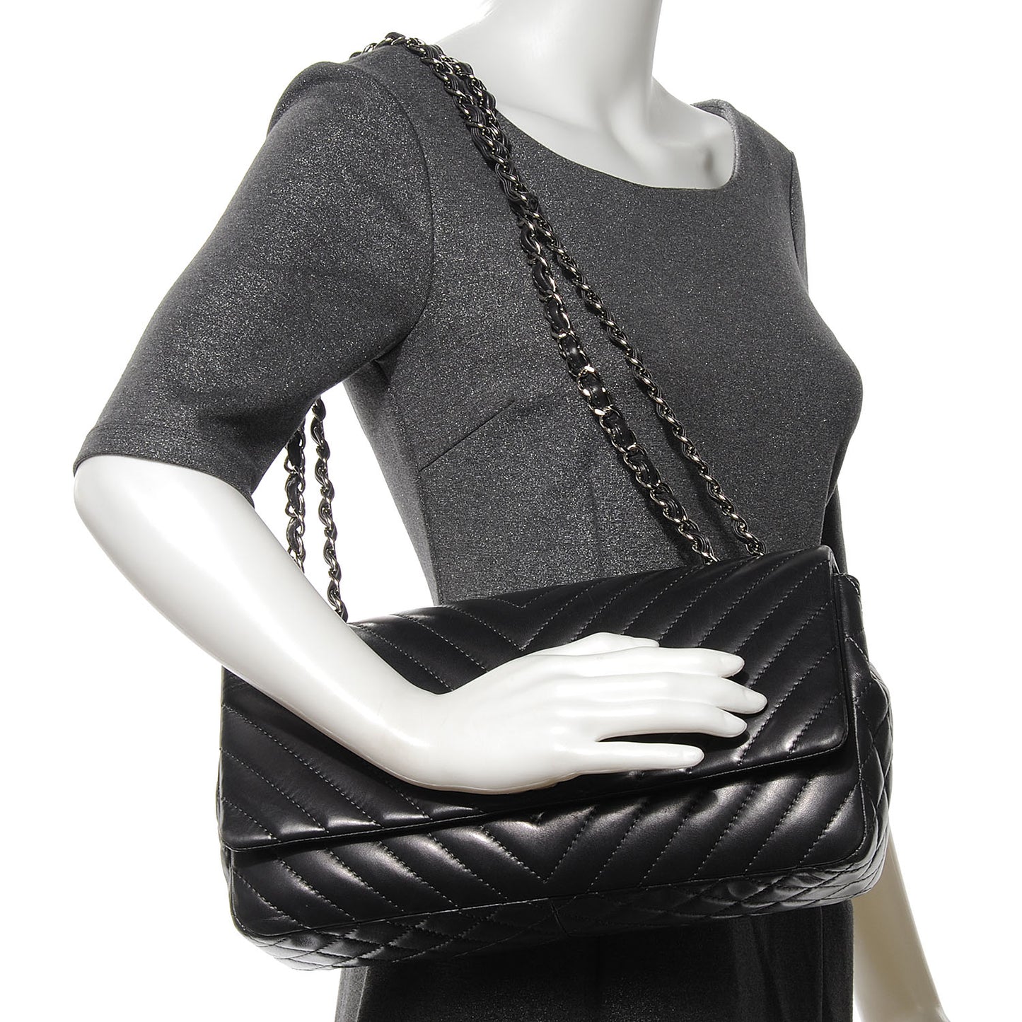 Lambskin Chevron Quilted Large Surpique Flap Dark Grey