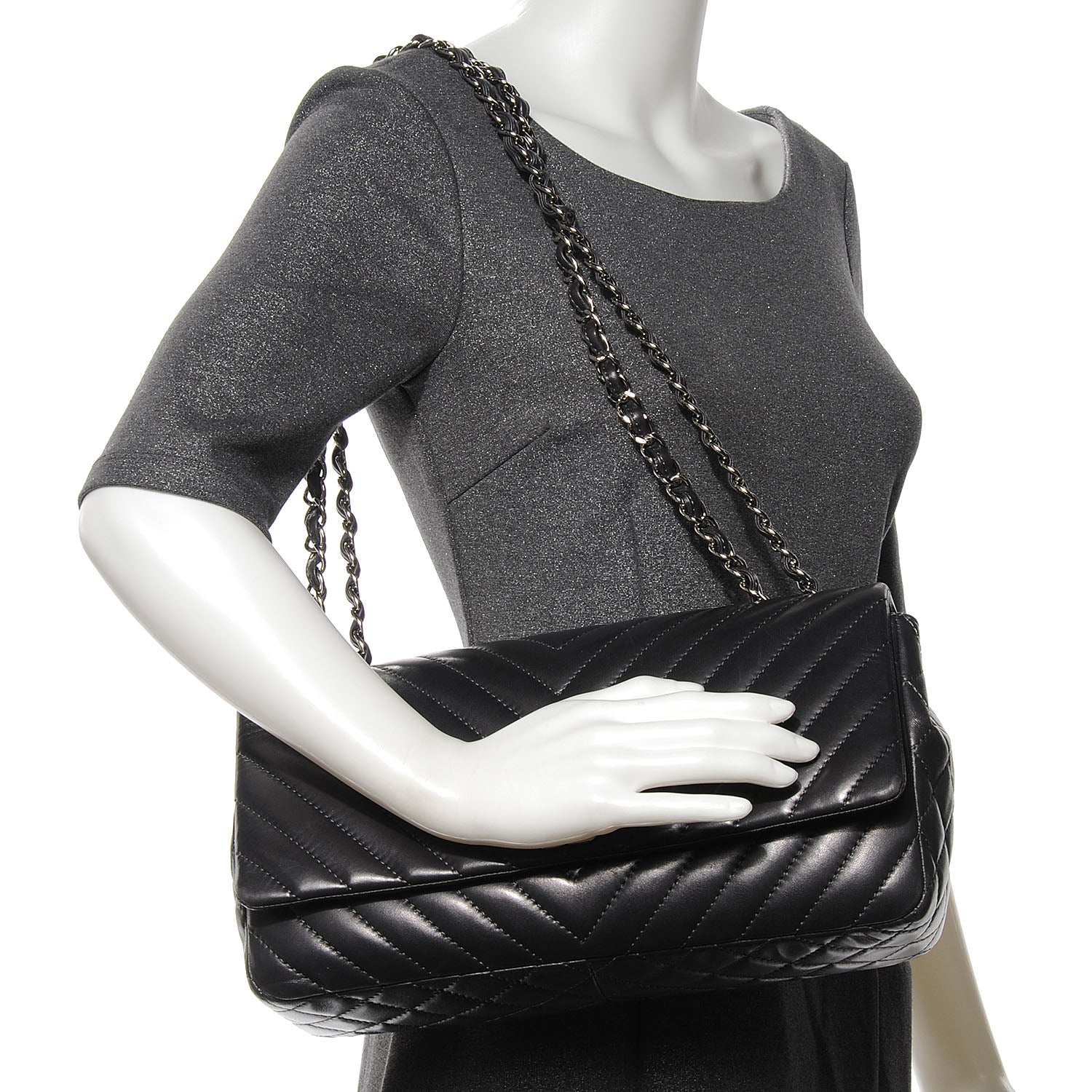 Chanel Lambskin Chevron Quilted Large Surpique Flap Dark Grey 2 of 8