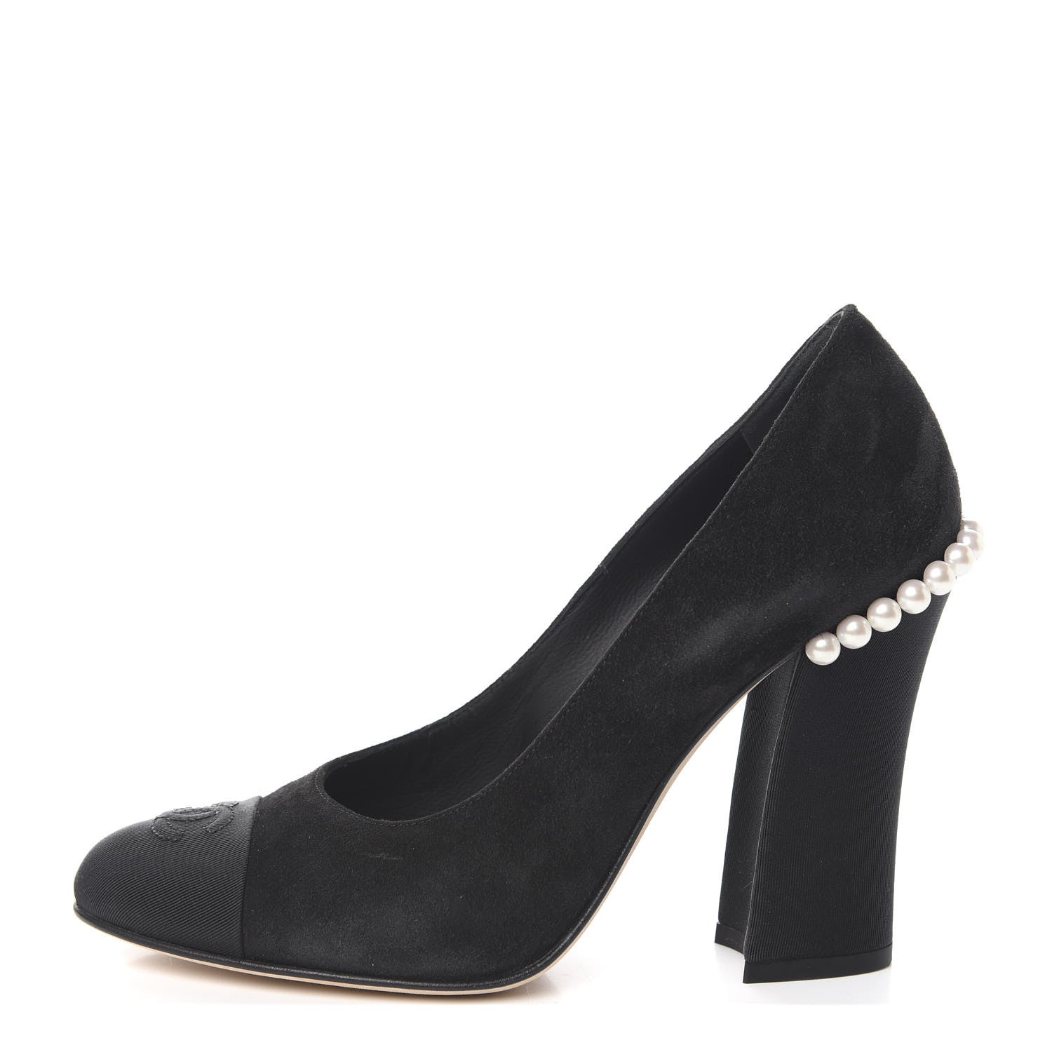 Chanel Suede Grosgrain Pearl CC Cap Toe Pump 37 Black 1 of 11