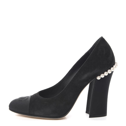 Chanel Suede Grosgrain Pearl CC Cap Toe Pump 37 Black 1 of 11