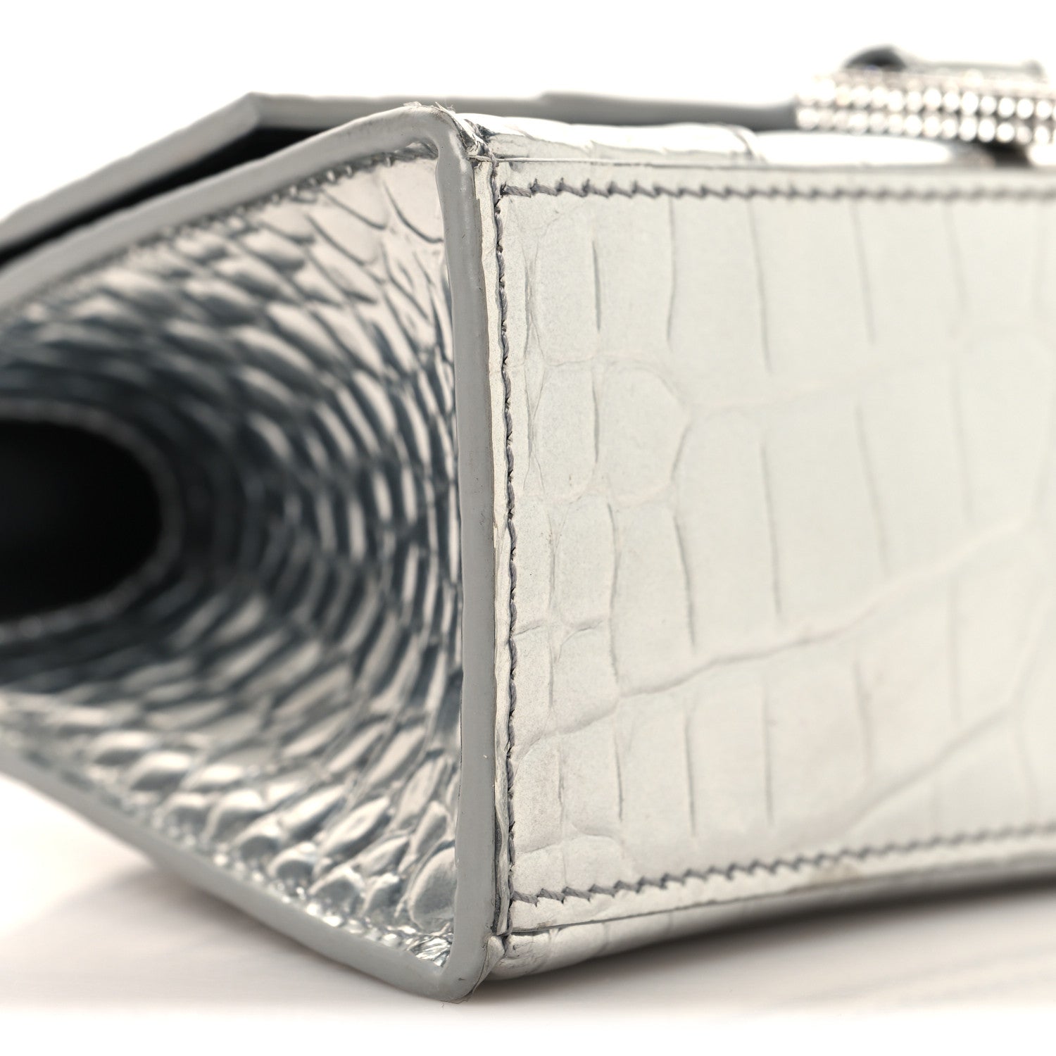 Balenciaga Metallic Calfskin Crocodile Embossed Crystal Hourglass Top Handle Bag XS Silver 10 of 12