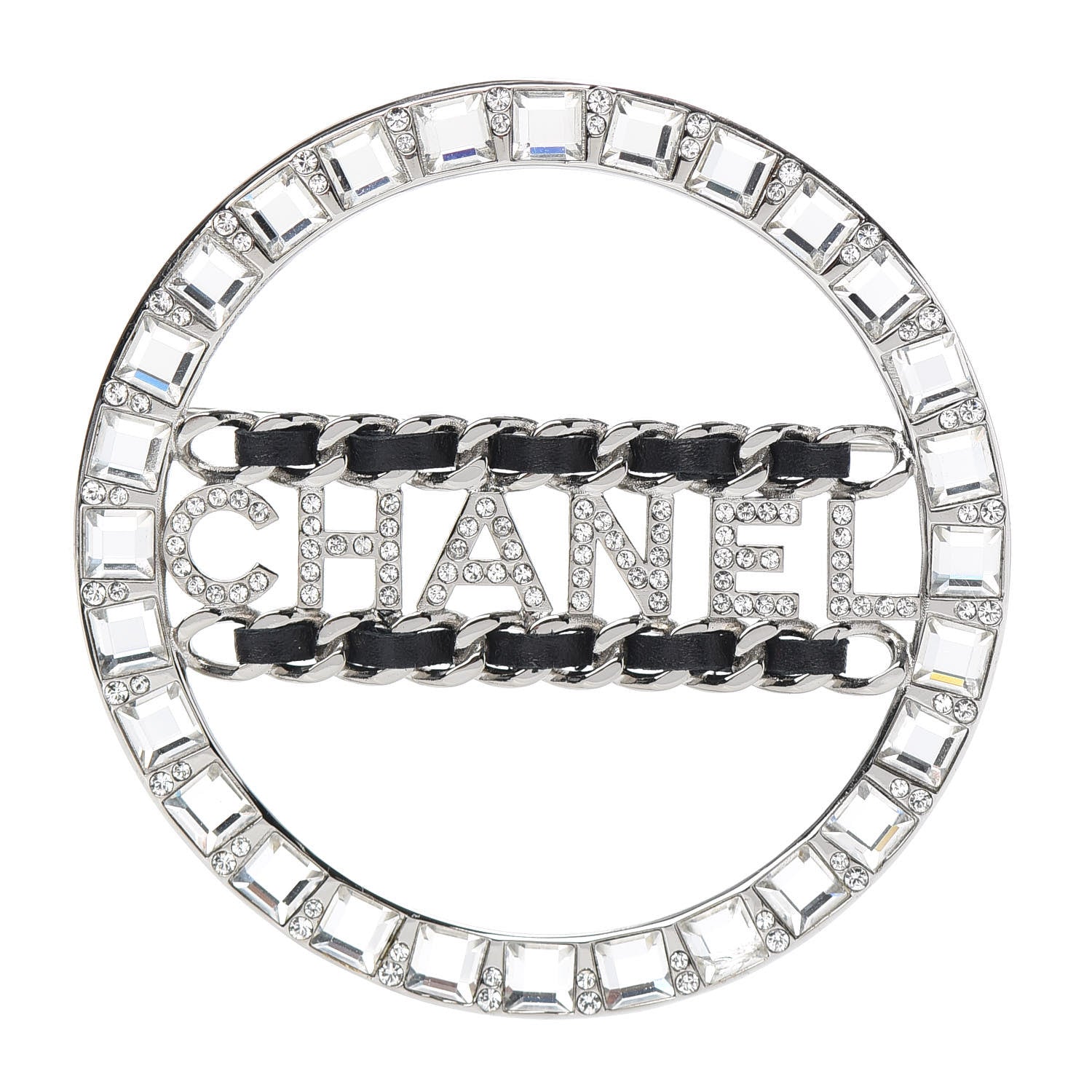 Chanel Lambskin Baguette Crystal Logo Brooch Black Silver 1 of 5