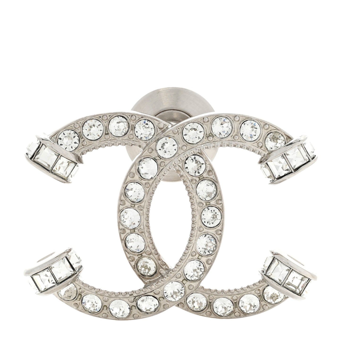 Metal Crystal Baguette CC Brooch Silver